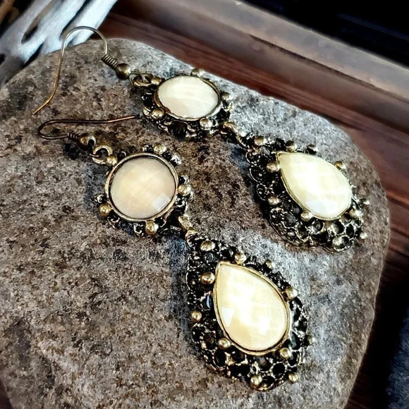 Victorian Style Antique Brass Teardrop Earrings - Picture 3 of 7